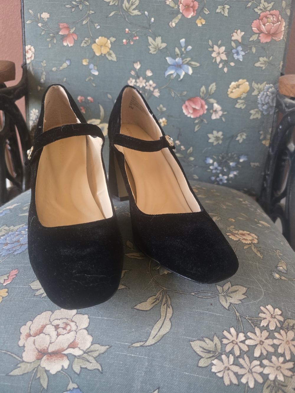 Adrienne Vittadini Black Velvet Mary Jane Block Heels